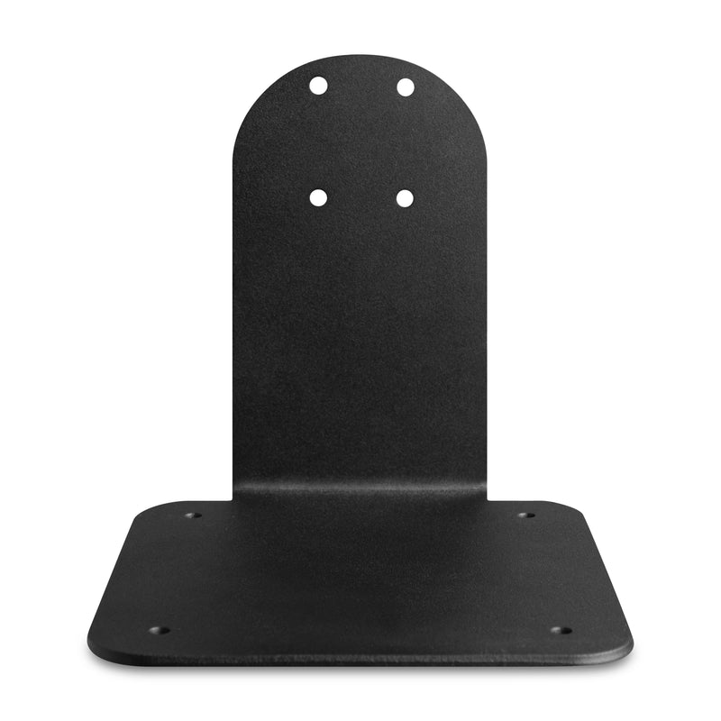 The SteadyMag™ Mounting Bracket is a black, heavy-duty steel L-shaped mount with four holes on both the upright and flat base, designed for secure wall or surface attachment as a 4-hole AMPS bracket.