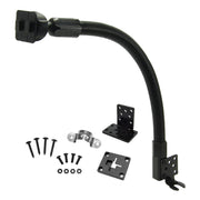 The 18 Seat Rail Mount with Dual-T Mounting Pattern features a flexible black arm, rectangular base, bracket, and screws—ideal for securely supporting your device as a seat rail or floor tablet mount.