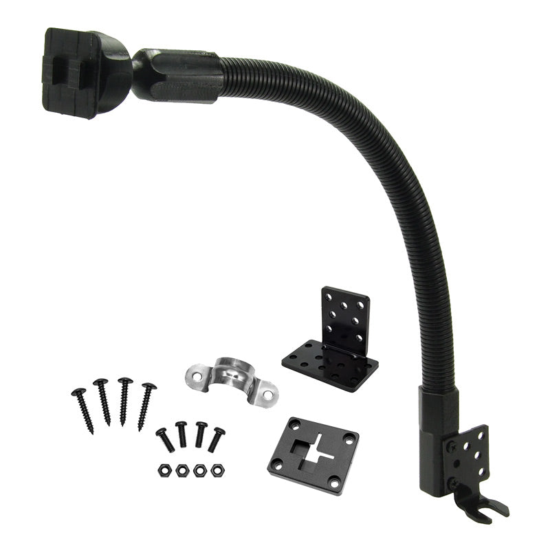 The 18 Seat Rail Mount with Dual-T Mounting Pattern features a flexible black arm, rectangular base, bracket, and screws—ideal for securely supporting your device as a seat rail or floor tablet mount.