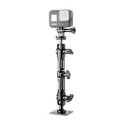 A GoPro HERO is mounted on a Heavy-Duty Wall Mount with Multi-Angle Arm, featuring multiple tightening knobs and a flat metal base—perfect as a live streaming accessory—displayed against a white background.