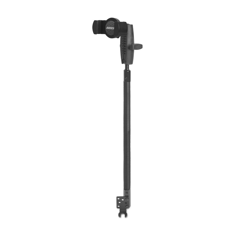 The RoadVise XL Phone Holder features a heavy-duty car seat rail mount and a textured 3.75” shaft arm, offering sturdy device security similar to an adjustable bicycle kickstand, with a robust bracket for reliable mounting.