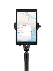 A RoadVise® Ultra Holder with Shaft Arm and 18 Seat Rail Mount holds a tablet showing a US map with pins, contact info, and directions. The flexible black gooseneck mount is set against a white background.