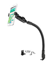 The RoadVise® Ultra Holder with Shaft Arm and 18 Seat Rail Mount is a flexible gooseneck phone mount for cars, featuring a long bendable arm, secure mounting brackets, and screws, shown here holding a smartphone with a navigation app.