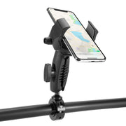 A smartphone displaying a map app is mounted on the RoadVise® Ultra Holder with Shaft Arm and Handlebar Mount, which attaches securely to a horizontal bar—making it ideal as a bike or scooter phone holder.
