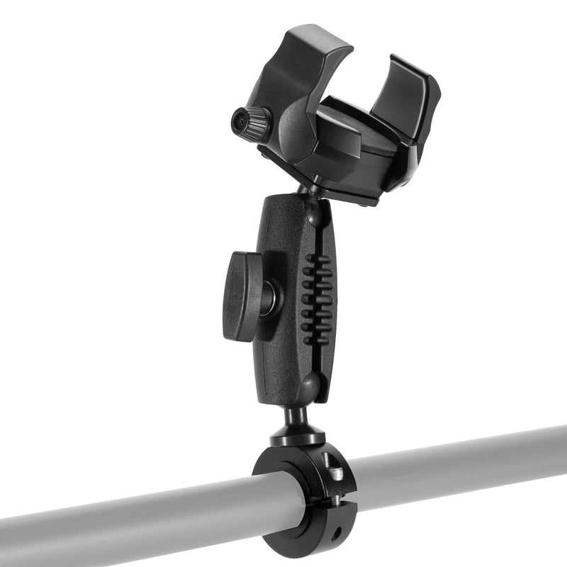 The RoadVise® Ultra Holder with Shaft Arm and Handlebar Mount is a black adjustable clamp on a horizontal gray metal rod, featuring a swiveling arm and cradle holder—ideal as a phone mount for bikes or motorcycles.