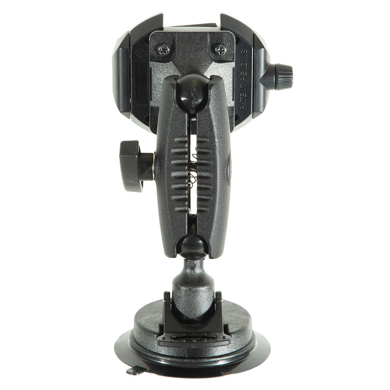 The RoadVise® Ultra Holder with Windshield Mount, featuring a black adjustable design, suction cup base, and tightening knobs, is photographed from the back against a white background.