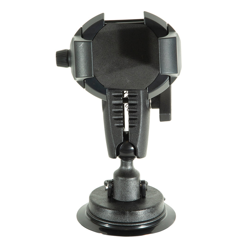 The RoadVise® Ultra Holder with Windshield Mount is a black adjustable phone holder featuring grip arms and a sturdy suction cup base for secure front-facing windshield installation.