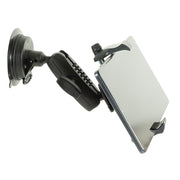 The RoadVise® Ultra Holder with Windshield Mount secures a tablet in landscape mode using adjustable arms and a flexible extension arm, making it an ideal in-car device holder.
