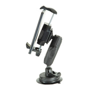 The RoadVise® Ultra Holder with Windshield Mount, in black, securely grips a smartphone vertically and is shown from the side against a white background.