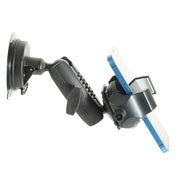 The RoadVise® Ultra Holder with Windshield Mount, shown in black with a suction cup base, secures a blue smartphone in landscape orientation against a white background.