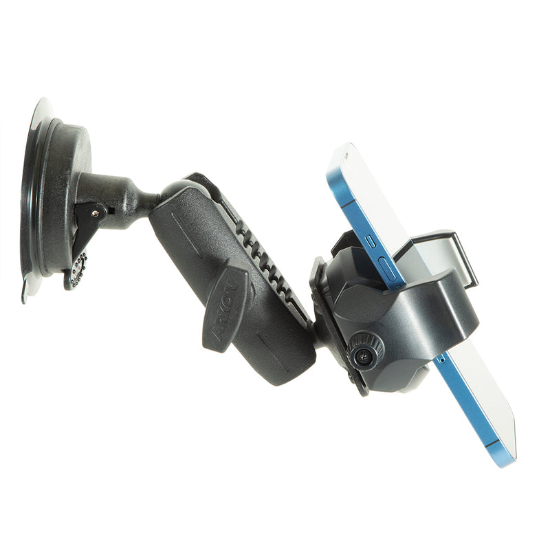 The RoadVise® Ultra Holder with Windshield Mount, shown in black with a suction cup base, secures a blue smartphone in landscape orientation against a white background.