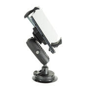 The RoadVise® Ultra Holder with Windshield Mount secures a smartphone in landscape orientation using its adjustable black suction-cup design, shown against a white background.