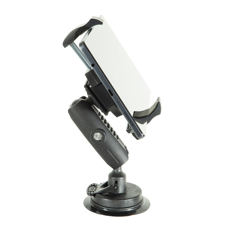 The RoadVise® Ultra Holder with Windshield Mount secures a smartphone in landscape orientation using its adjustable black suction-cup design, shown against a white background.