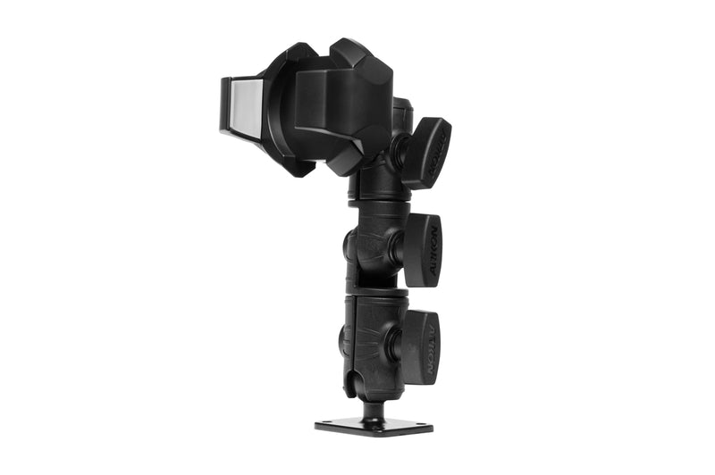 The RoadVise® Ultra Holder with OCTO™ Drill-Base Mount, shown in black with adjustable locking joints and a square base on a white background, offers universal phone mounting for versatile positioning.
