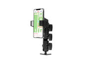 A smartphone is mounted on the RoadVise® Ultra Holder with OCTO™ Drill-Base Mount, a black adjustable holder with three tightening knobs, displaying a map navigation app against a plain white background.
