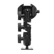 The RoadVise® Ultra Holder with OCTO™ Drill-Base Mount stands vertically on a flat base, offering adjustable pivot joints, three large locking knobs, and a universal phone mount for versatile positioning.