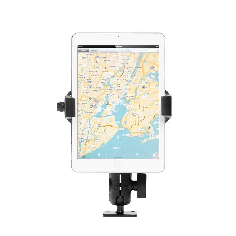 A white tablet showing a map is held upright in the RoadVise® Ultra Holder with OCTO™ Drill-Base Mount, isolated on a white background.