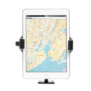 A white tablet showing a map of New York City is held vertically in the RoadVise® Ultra Phone Mount with Double Socket Swivel Arm, featuring a screw knob, set against a plain white background.