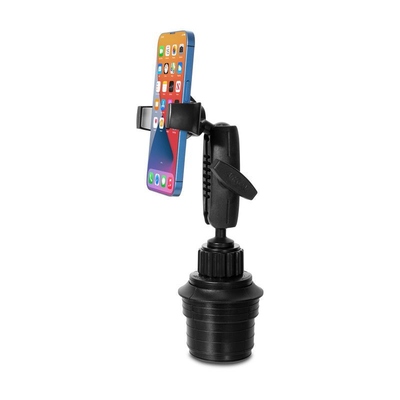 The Mobile Grip 5 Holder with Cup Holder Mount secures your smartphone vertically in a black cup holder mount with an adjustable phone mount, shown on a white background—ideal for hands-free calls while driving.