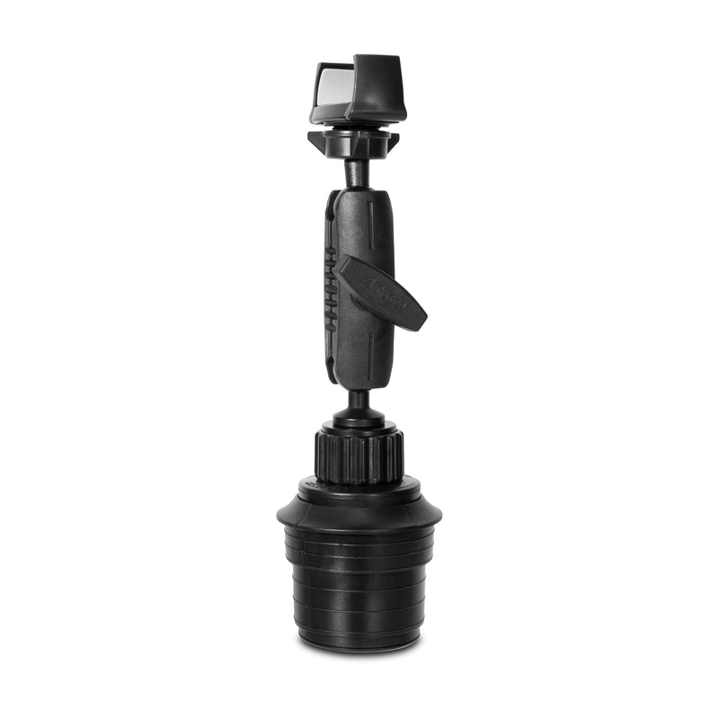 The Mobile Grip 5 Holder with Cup Holder Mount offers convenient, adjustable support—like a black plastic sprinkler head with rotating nozzle and threaded base—for steady mounting in your car or on your desk.