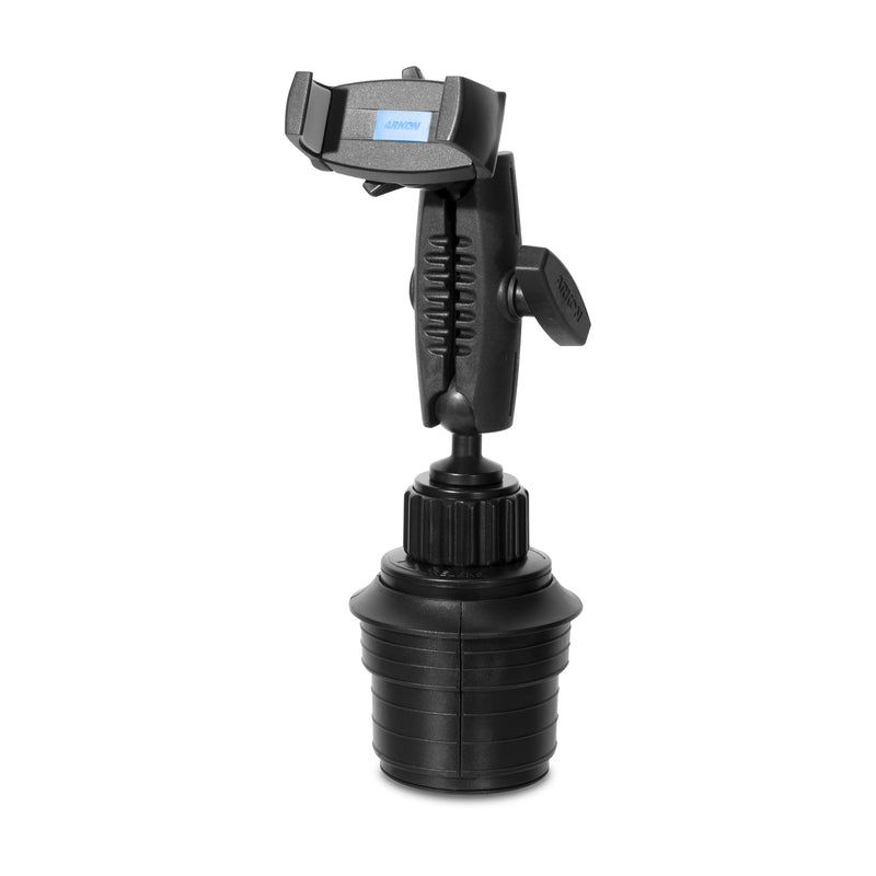 The Mobile Grip 5 Holder with Cup Holder Mount is a black, adjustable phone mount with side arms, a textured knob, and twist-lock base for secure, hands-free device use and safer calling while driving.