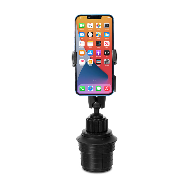 The Mobile Grip 5 Holder with Cup Holder Mount holds your smartphone securely in your car’s cup holder. The black adjustable mount, shown against a white background, is ideal for hands-free calling while you drive.