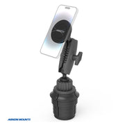 The Magnetic Phone Holder with Car Cup Mount - MagSafe Compatible is a black, adjustable holder with grip and tightening knob, shown holding a phone vertically. The Arkon Mounts logo appears in the bottom-left corner.