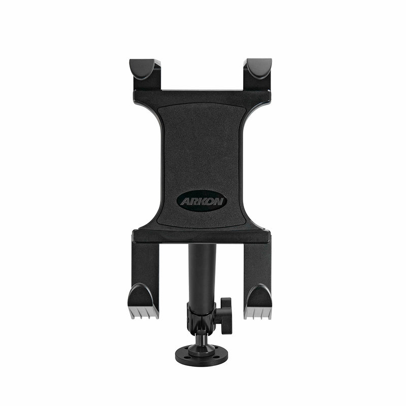 A black Arkon Portable Mobile Printer Car & Truck Mount with drill base for Zebra, Epson, and Brother printers is shown on a white background. It features an adjustable wide grip, rotating base, and visible brand name on front.