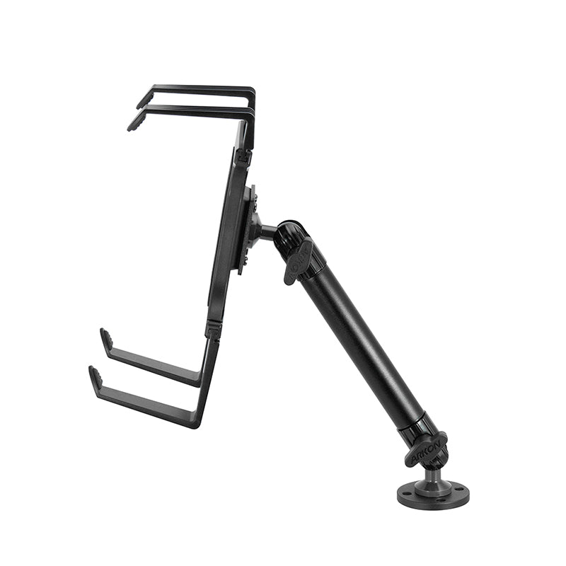 A Portable Mobile Printer Car & Truck Mount with drill base for Zebra, Epson, and Brother printers is shown from the side against a white background. It features an adjustable arm and a sturdy round base.