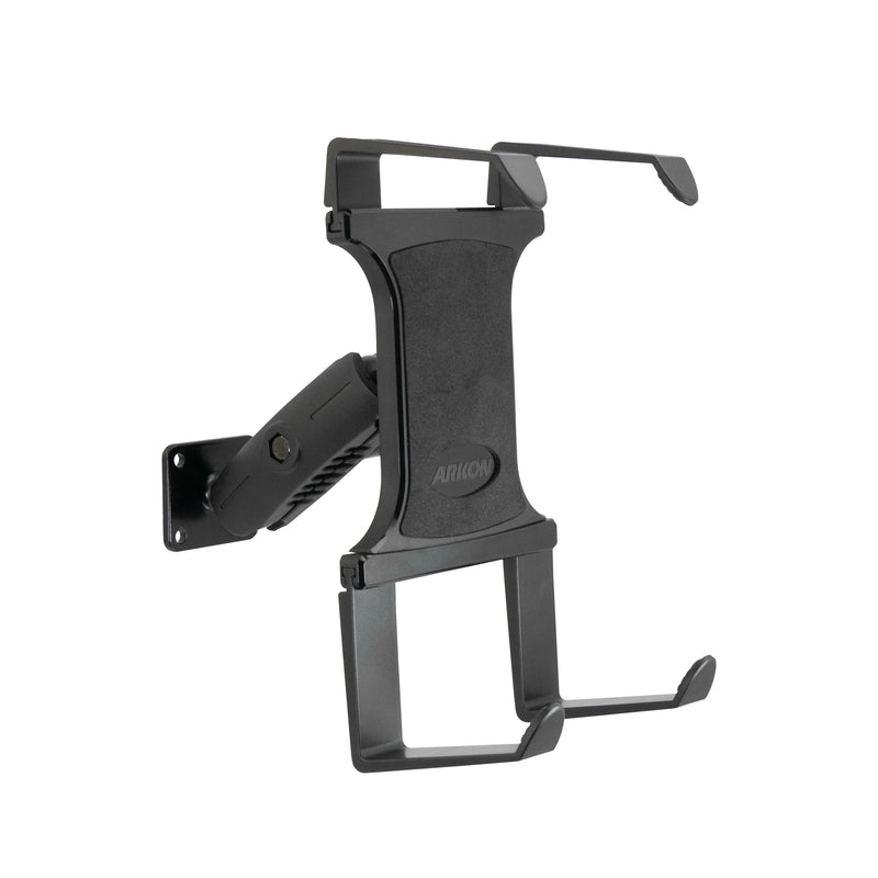 A durable ARKON wall mount with an articulated arm and four corner grips, designed to securely hold tablets—similar in strength to the Portable Mobile Printer Car Truck Drill Base Mount for Zebra, Epson, and Brother printers.
