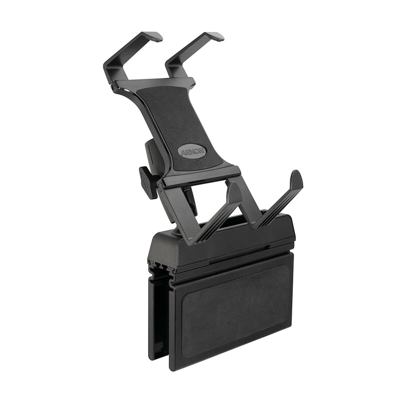 A black, adjustable seat wedge mount for Zebra, Epson, and Brother mobile printers, featuring a secure clamp that easily attaches to any car or truck seat for portable printing on the go.