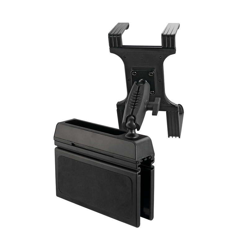 Black plastic seat mount organizer with adjustable clamp and rectangular compartment, designed to attach behind a car seat. Compatible as a Slim-Grip universal holder or portable printer mount for Zebra, Epson, Brother printers.