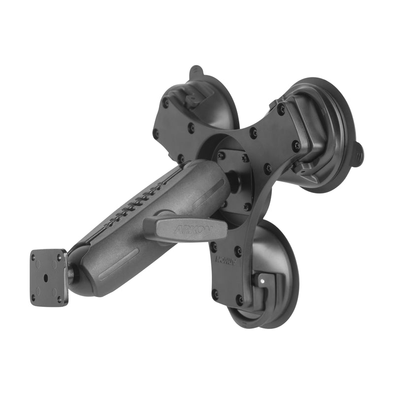 The Triple Suction Mount with AMPS Mounting Pattern and 5.75” Shaft Arm is a black, adjustable mount with three suction cups for secure grip on flat surfaces, featuring a swivel mechanism and rectangular AMPS plate.