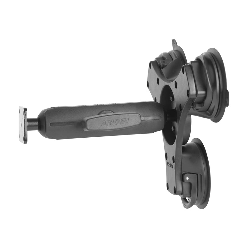 The Triple Suction Mount with AMPS Mounting Pattern and 5.75” Shaft Arm features two suction cups, a black and gray design, and an adjustable arm for secure device attachment to flat surfaces like windshields or dashboards.