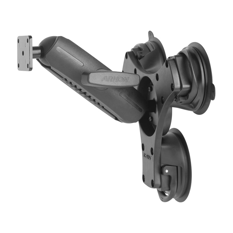 The Triple Suction Mount with AMPS Mounting Pattern and 5.75” Shaft Arm features three suction cups and adjustable joints for secure device mounting, making it ideal for windshields or stable placement wherever needed.