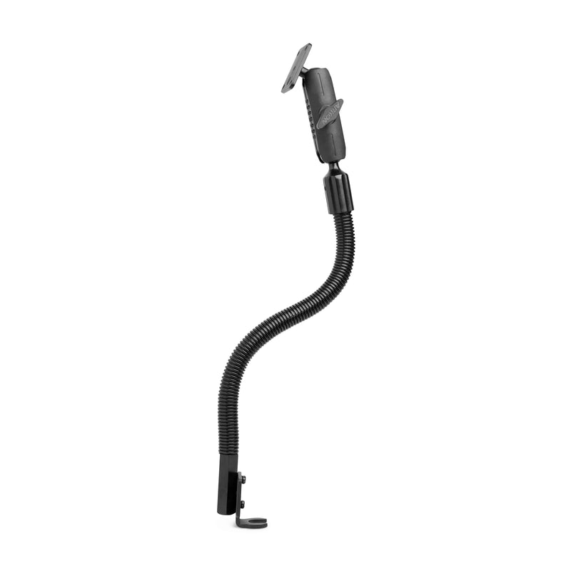 The 18” Aluminum Seat Rail Mount - AMPS Compatible is a flexible black gooseneck mount with a clamp base and an adjustable AMPS pattern holder, ideal for securing phones or small cameras.