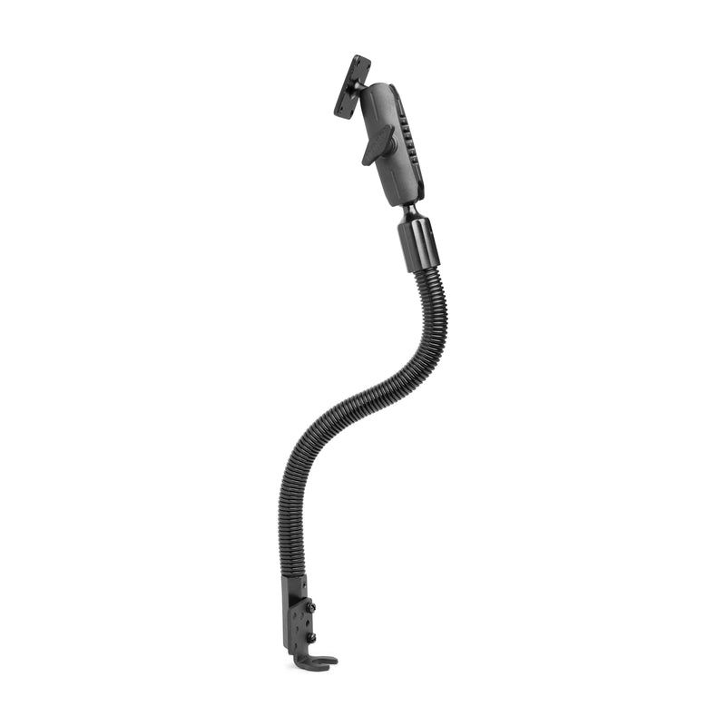 The 18” Aluminum Seat Rail Mount features a flexible black gooseneck and AMPS-compatible brackets on both ends, allowing you to securely hold devices or accessories in multiple adjustable positions.