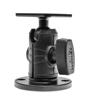 The Metal AMPS Mounting Pattern with OCTO™ Round Drill-Base Mount is a black, adjustable bracket with a flat 4-Hole-AMPS base and square top platform, featuring an ARKON side knob for angle adjustment. Compatible with 25mm ball adapters.