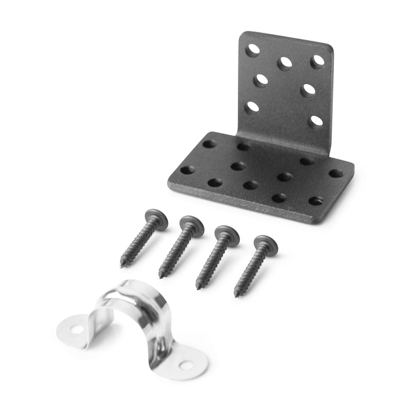 The RoadVise XL Phone Holder with Heavy Duty Car Seat Rail Mount and 3.75” Shaft Arm includes a metal mounting bracket with multiple holes, four black screws, and a small silver clamp—shown arranged on a white background.