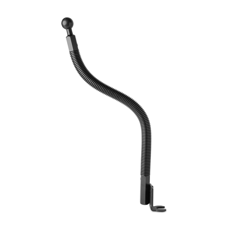 The 18 Gooseneck Seat Rail Mount features a black, flexible arm with a 25mm ball mount top and metal base bracket, ideal for seat rail floor mount installations. Shown against a white background.