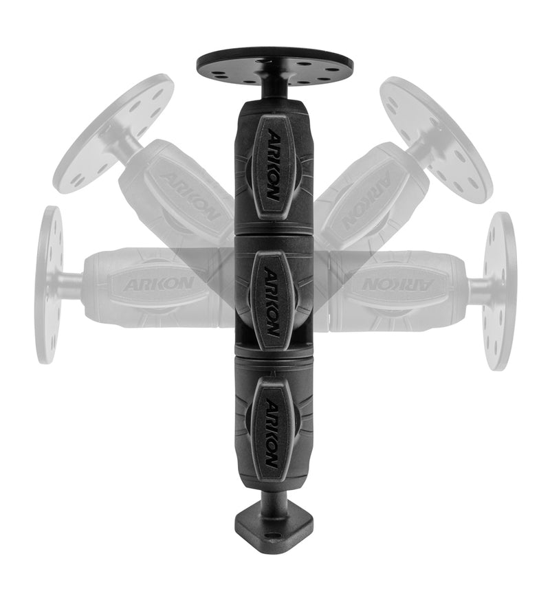 The Circular Mounting Pattern with Diamond-Shaped Drill Base Mount is shown upright, with overlays illustrating its tilt and rotation for versatile commercial vehicle setups, highlighting its 25mm ball compatible design.