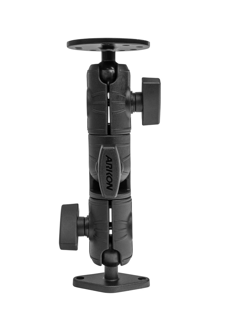 The Circular Mounting Pattern with Diamond-Shaped Drill Base Mount is a black adjustable arm with multiple joints, tightening knobs, and flat bases at both ends, designed for commercial vehicles and compatible with 25mm ball mounts to secure devices.