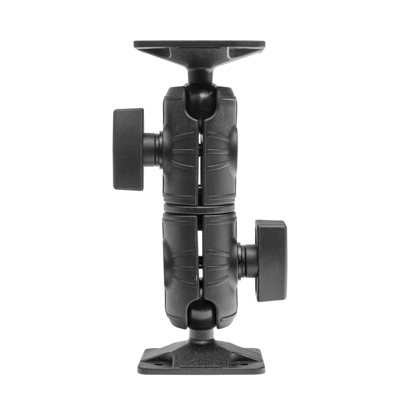The AMPS Mounting Pattern with Double Socket Shaft Arm and Drill-Base features a black, adjustable 4-hole square plate and dual swivel joints for 360° rotation, displayed vertically against a white background.