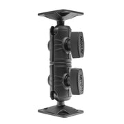 The AMPS Mounting Pattern with Double Socket Shaft Arm and Drill-Base is a black adjustable bracket featuring two clamping knobs, flat square plates, 360° rotation, and a 4-hole AMPS drill base for secure device mounting.