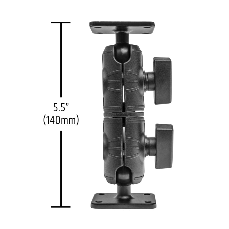 The Drill Base Mount with Swivel Arm & AMPS Metal Plates features a black double socket swivel arm (5.5/140mm) with two knobs and rectangular metal AMPS plates at each end, providing a sturdy mount, shown on a white background.