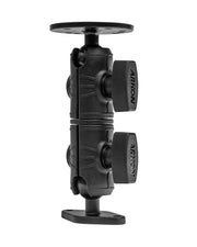 A black adjustable mount with two rotating joints and flat plates, featuring a circular mounting pattern and diamond-shaped drill base. The Arkon-labeled knobs ensure reliability, making it a versatile Swivel AMPS Mount for device attachment.
