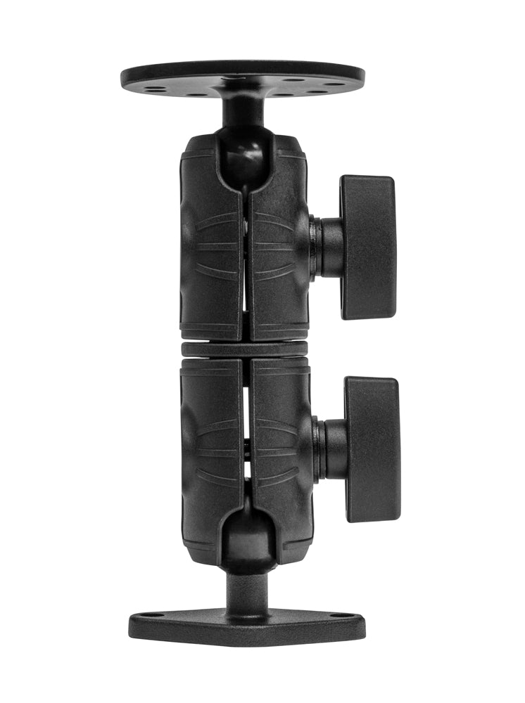 A Circular Mounting Pattern with Diamond-Shaped Drill Base Mount features a black double socket swivel arm with two pivot joints and locking knobs, attached to a round top and rectangular drill base, isolated on white.