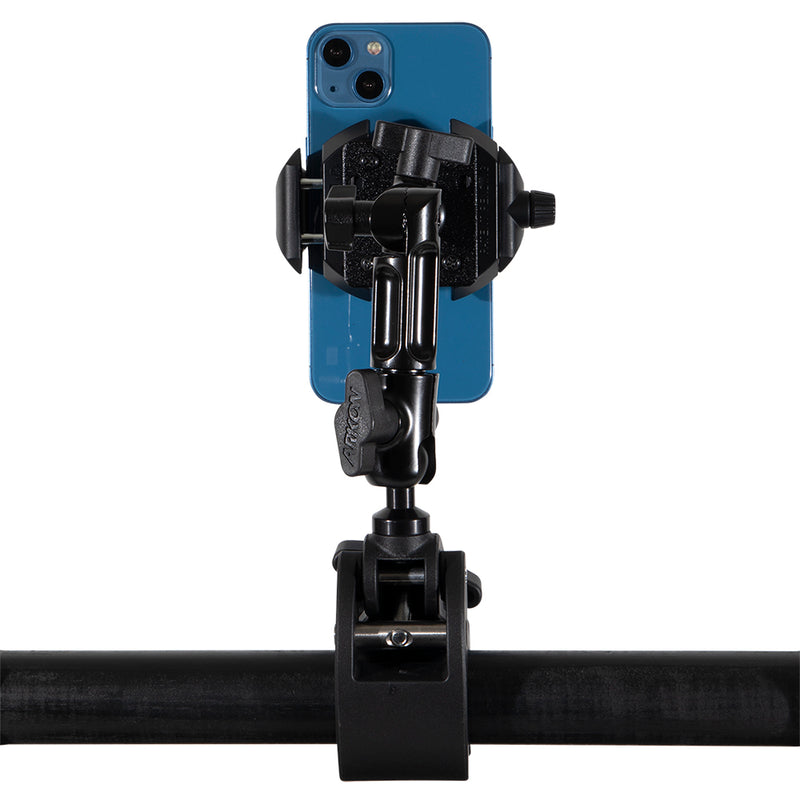 A blue smartphone is held vertically in a RoadVise® Ultra Holder with Multi-Angle Arm and Clamp Mount, attached to a horizontal metal bar and viewed from the back.