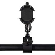 The RoadVise® Ultra Holder with Multi-Angle Arm and Clamp Mount, shown front-facing on a white background, securely holds smartphones or tablets with padded grips and an adjustable clamp attached to a horizontal pole.