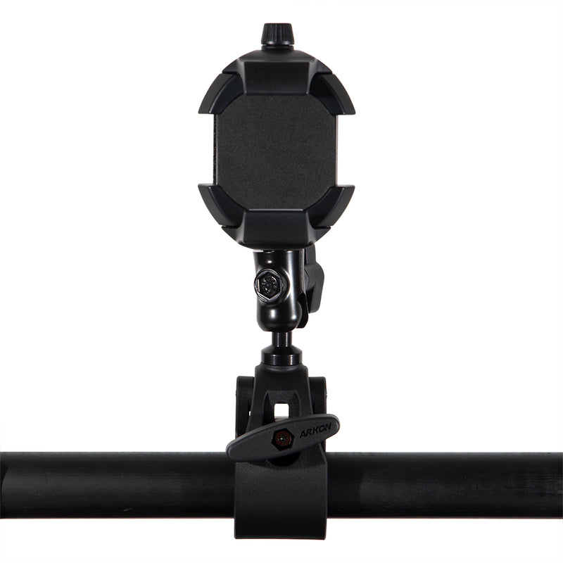The RoadVise® Ultra Holder with Multi-Angle Arm and Clamp Mount, shown front-facing on a white background, securely holds smartphones or tablets with padded grips and an adjustable clamp attached to a horizontal pole.